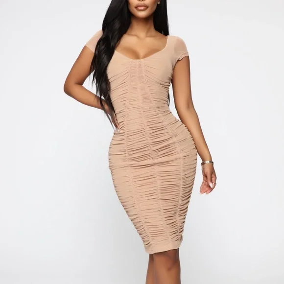 knee length dresses for ladies Nude Ruched Midi Dress With Gold Chain Straps – AX Paris main image 1